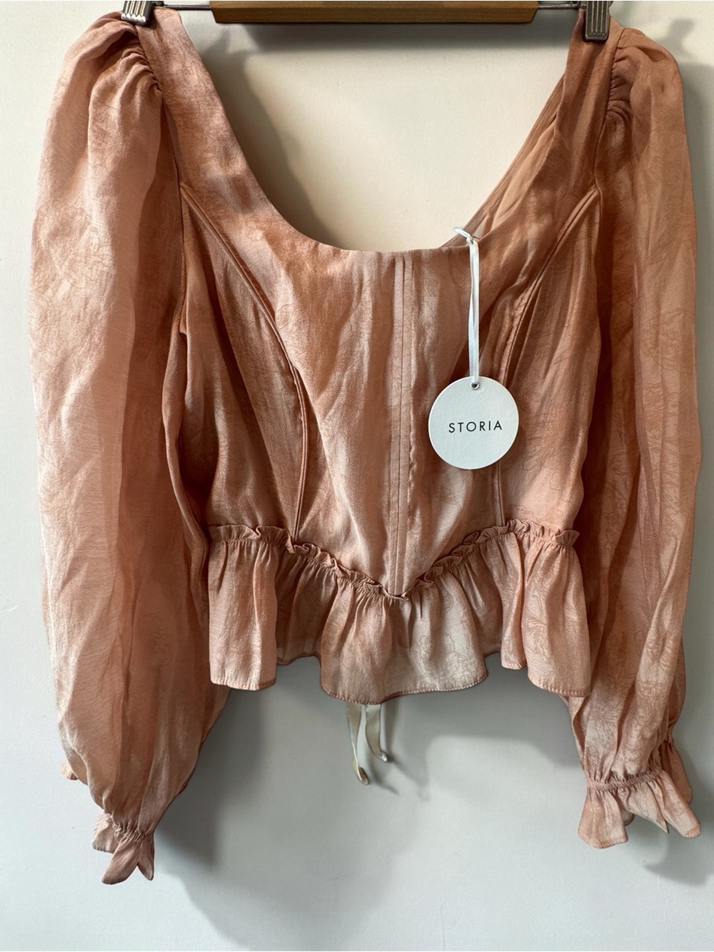 NWT STORIA Shimmer Damask Print Peplum Corset Blouse Rose Gold Pink size [ XL ]
